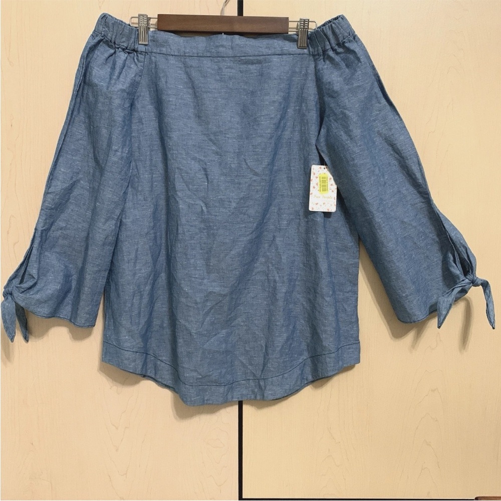 NEW Free People Women's Off Shoulder Long Sleeve Chambray Linen Blend Top Blue S